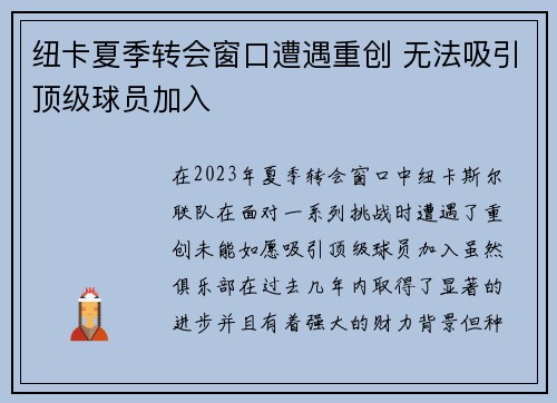 纽卡夏季转会窗口遭遇重创 无法吸引顶级球员加入