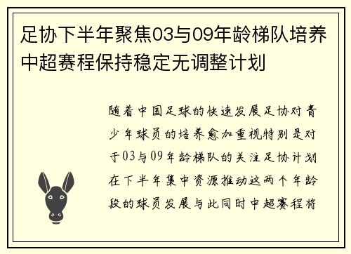 足协下半年聚焦03与09年龄梯队培养中超赛程保持稳定无调整计划